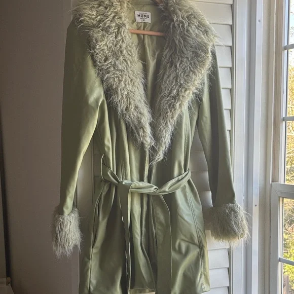 Show Me Your MuMu Penny Lane Olive Green Faux Fur-Trim Tie-Waist Coat - Picture 3 of 8
